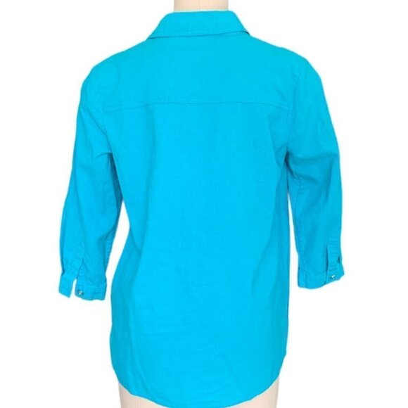 Emma James Linen-Cotton Blend Button Front Roll Tab Shirt M Turquoise 128E - Picture 4 of 9